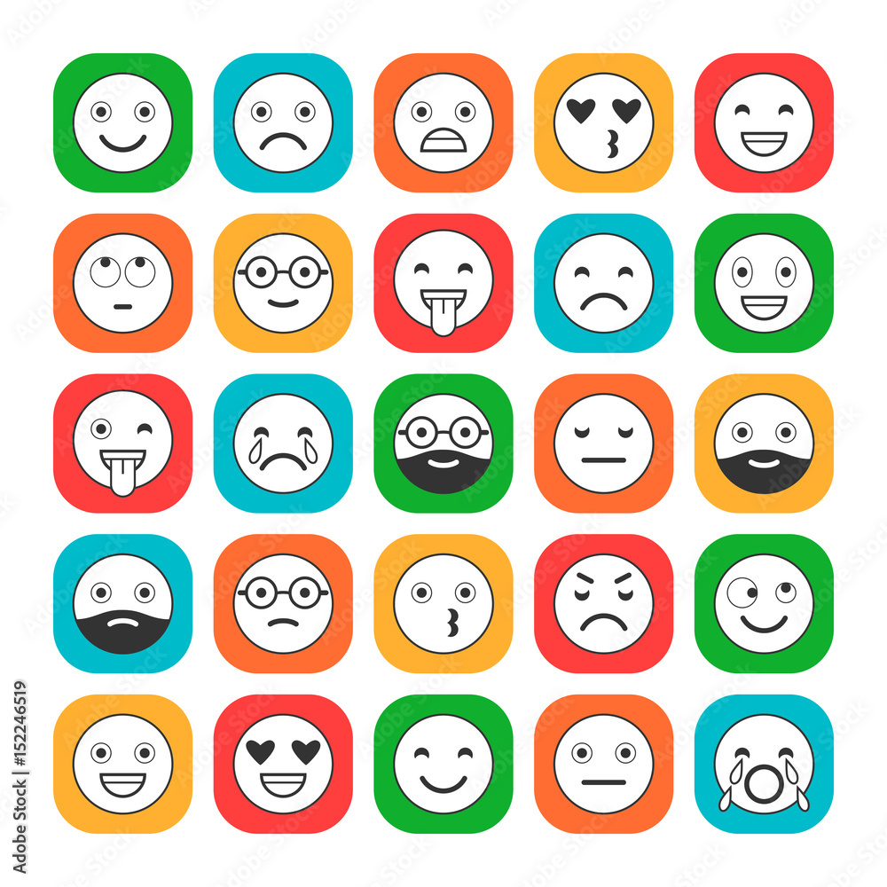 Colored flat icons of emoticons. Smile with a beard, different emotions Colored flat icons of emoticons. Smile with a beard, different emotions
