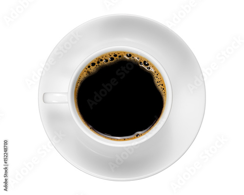 Top view of a white coffee cup isolated on white background.