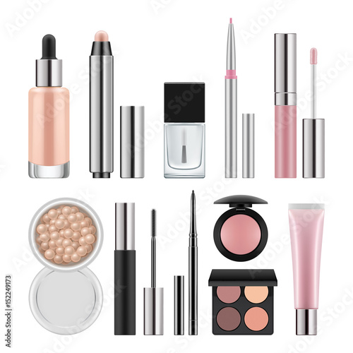 Vector set of packages for decorative cosmetics for nude makeup. Realistic blank template of containers for concealer, powder, pink lipstick and lipgloss, rouge, nail polish and mascara.