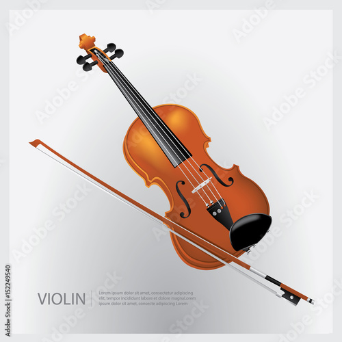 The musical instrument realistic violin with a fiddle stick vector illustration