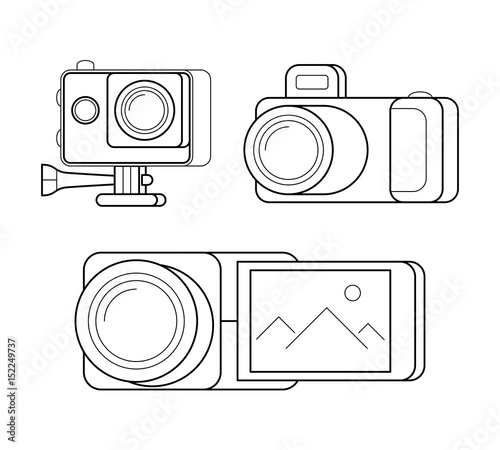 Icons set of digital devices video camera, gopro and digital photocamera. Media and photo symbols in thin line style. Vector outline illustrations isolated on white background.
