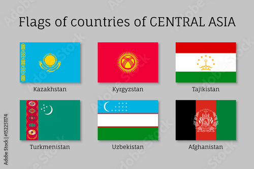 Set of flags of Central Asian countries: Tajikistan and Kazakhstan, Kyrgyzstan, Turkmenistan, Afghanistan and Uzbekistan. Collection with 6 signs of Asian states. Vector isolated icons