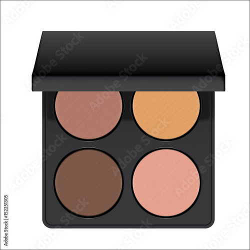 Realistic nudes eyeshadow palette. Package with eye shadow for nude makeup: brown, beige and pink. Containers of cosmetic product for beauty eyes. Vector illustration isolated on white background.