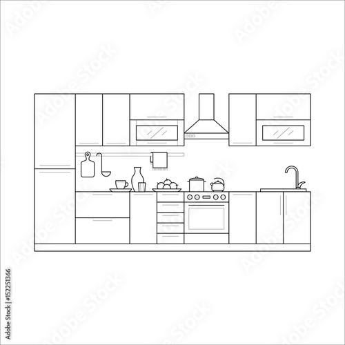 Kitchen furniture in thin line style. Set with fridge, cupboard, hood and shelves, stove and fridge. Linear flat vector house interior - illustration isolated on background.
