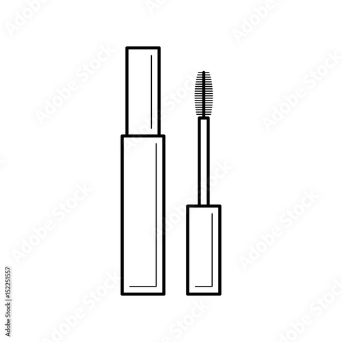 Plastic tube with mascara and brush. Thin line package icon. Container of cosmetic product for eye beauty. Vector illustration isolated on white background.
