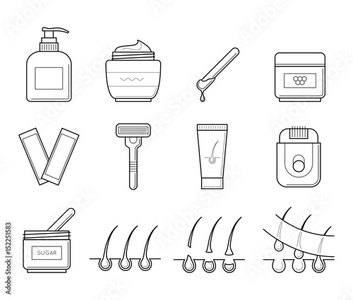 Vector icons set of tools for hair removal. Spa symbol in thin line style. Cosmetic equipment for depilation and epilation procedure. Outline simple illustrations isolated on white