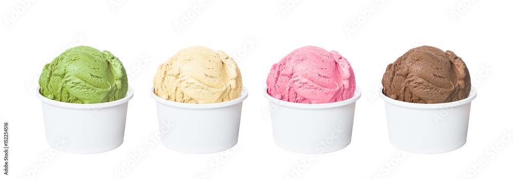 Ice cream scoops in white cups of chocolate, strawberry, vanilla and green tea flavours isolated on white background (clipping path included) - obrazy, fototapety, plakaty 