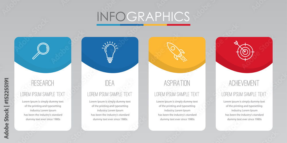 Fototapeta premium Modern Info-graphic Template for Business with four steps multi-Color design, labels design, Vector info-graphic element, Flat style vector illustration.