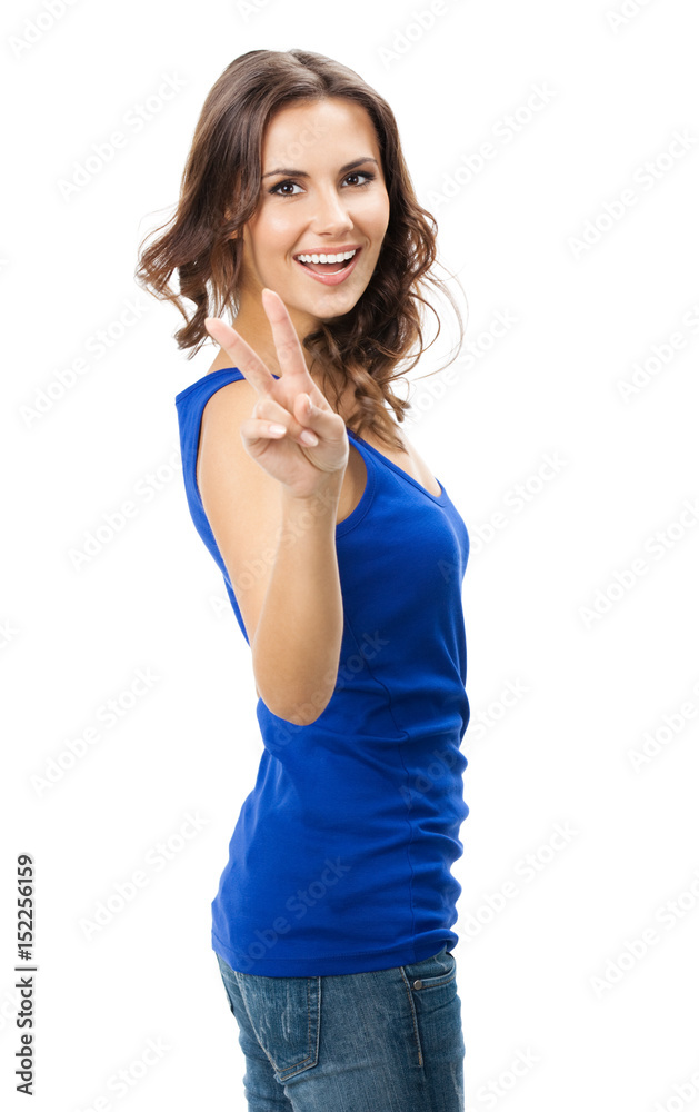 Woman showing two fingers or victory gesture, on white Woman showing two fingers or victory gesture, on white