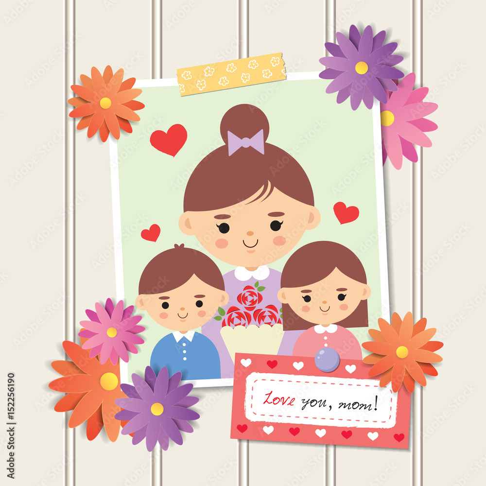 Happy Mother's Day. Photo of cartoon mother with daughter and son. Photo  frame with flower decor and memo written 