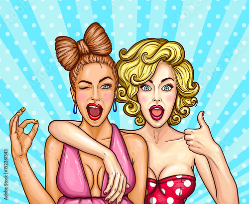 Vector pop art illustration of two young glamorous girls demonstrate their delight - one blinked one eye and shows an OK sign, another thumbs up.