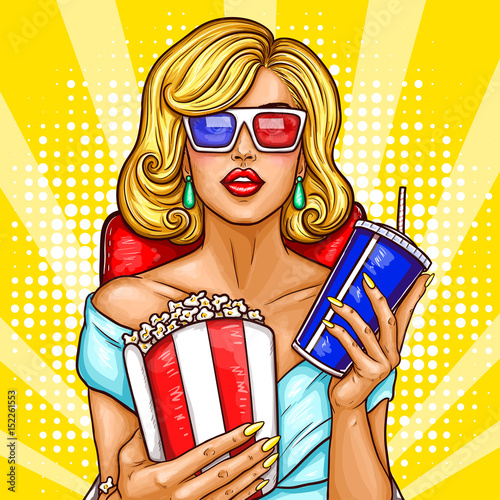 Vector pop art illustration of a beautiful blond woman sitting in the auditorium and watching a 3D movie. A girl in 3D glasses sits in a red armchair and holds a container with pop corn and soda