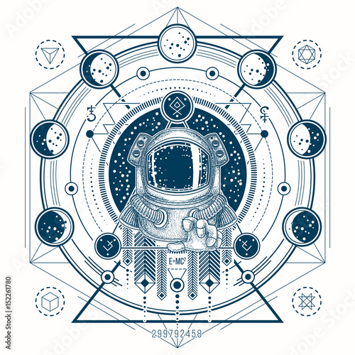Vector illustration of a astronaut in a space suit in the background of a night starry sky, geometric sketch of a tattoo with moon phases. Print