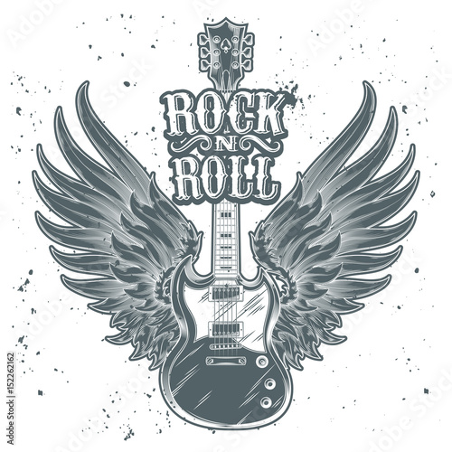 Vector monochrome illustration of an electric guitar with wings. Design element for the advertising poster of the rock festival, sketch for the tattoo, print for the t-shirts