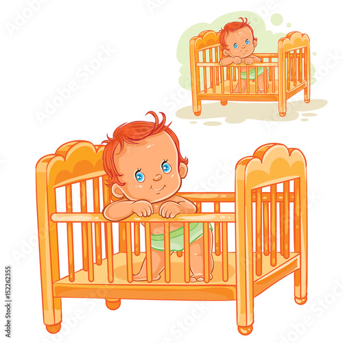 Vector illustration baby is in his cot. Print, template, design element