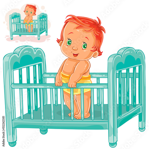 Vector illustration baby is in his cot. Print, template, design element