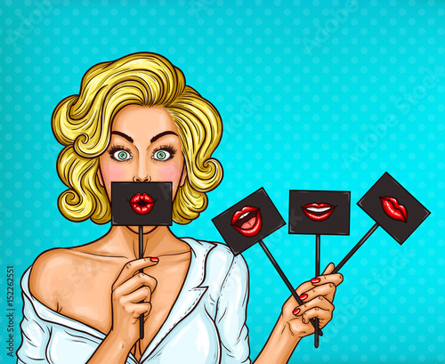 Vector pop art illustration of a blond girl covering her mouth with black sign on stick with red lips.