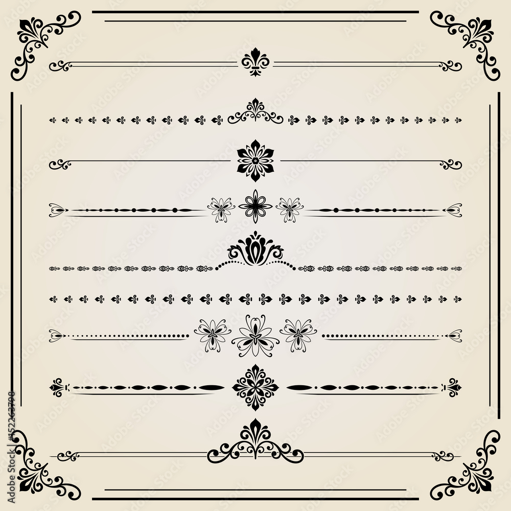 Vintage set of vector decorative elements. Horizontal separators in the frame. Collection of different ornaments. Classic pattern. Set of vintage patterns