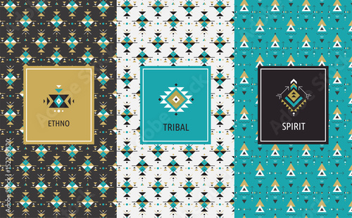 Packaging design with geometric art, ethnic and bohemian, tribal aztec seamless patterns