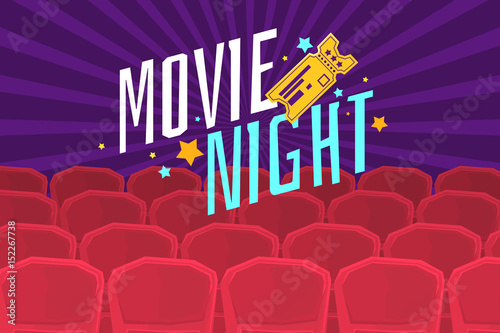 Colorful poster movie night with cinema, tickets and chairs.