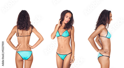 Collage of three models in swimsuit posing in the studio on an isolated white background