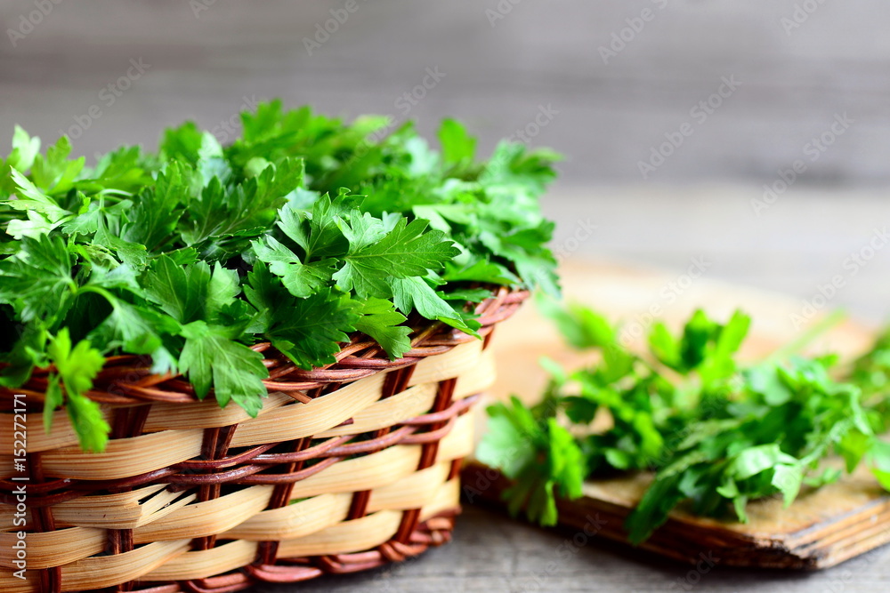 Parsley sprigs in a wicker basket and a wooden board. Garden parsley plant cultivated as a herb, a spice and a vegetable. Natural source of flavonoid and antioxidants, folic acid, vitamin K, C, A Parsley sprigs in a wicker basket and a wooden board. Garden parsley plant cultivated as a herb, a spice and a vegetable. Natural source of flavonoid and antioxidants, folic acid, vitamin K, C, A