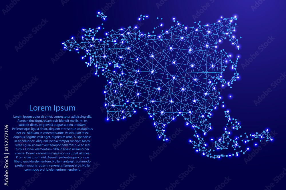 Map of Eurasia from polygonal blue lines and glowing stars vector illustration