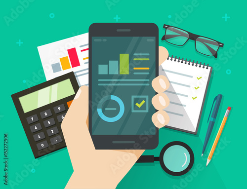 Analytics data results on mobile phone screen vector illustration, flat cartoon style statistics information research on smartphone, cellphone display with growth graph or chart report dashboard