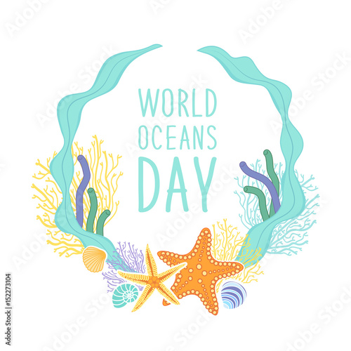 Cute World Oceans Day background with hand drawn shells and starfishes and hand written text
