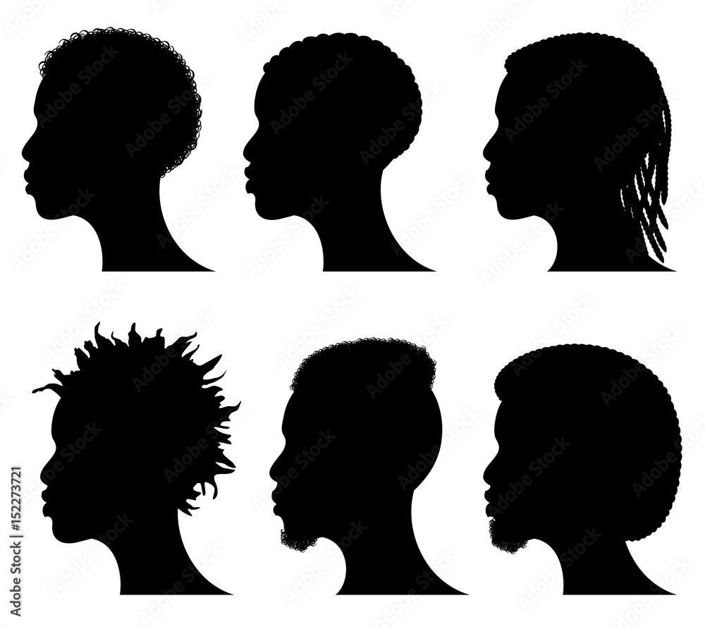 Afro american young men face silhouettes. African male black profiles
