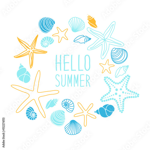 Cute vintage frame with hand drawn shells and starfishes and hand written text Hello Summer