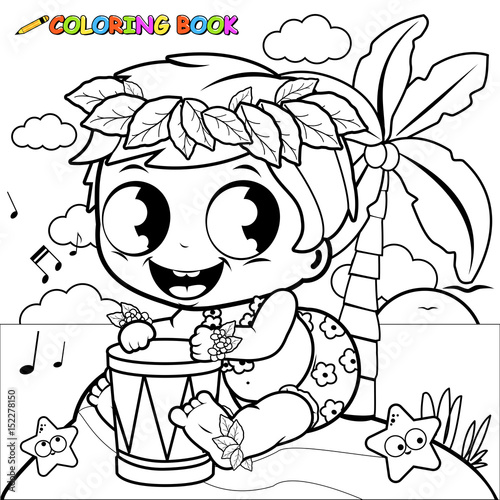 Fototapeta Hawaiian baby boy on an island playing music with a drum. Vector black and white coloring page.