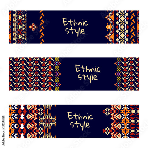 Vector set of colorful horisontal banners for business and invitation. Striped geometric ornaments. Native american indian motifs