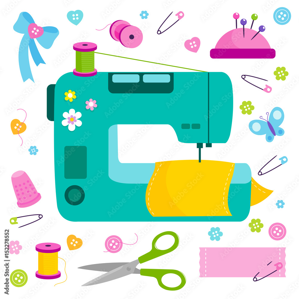 Sewing tools and equipment. Vector illustration set Stock Vector