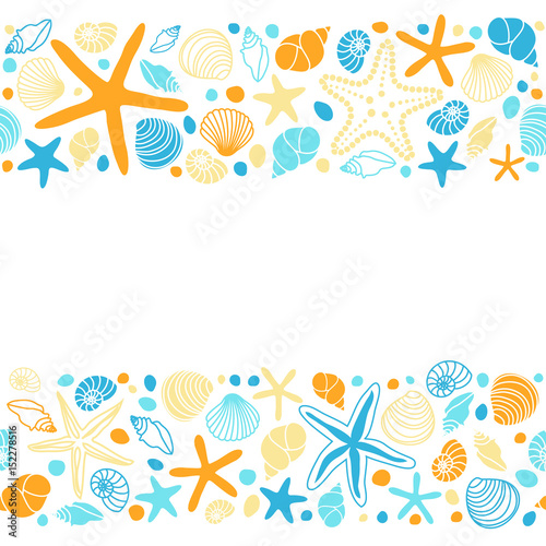 Cute summer background with different shells and starfishes as seamless borders