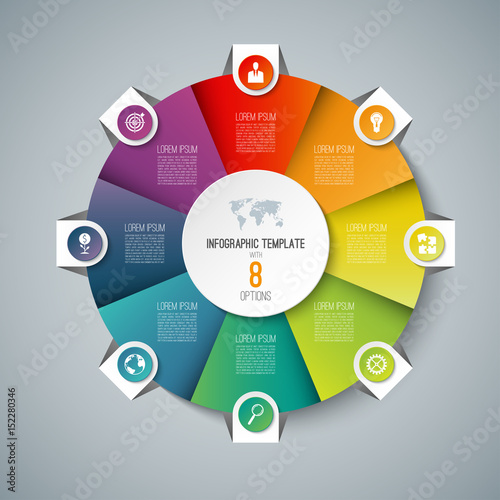 Infographic pie chart circle template with 8 options. Can be used as cycle diagram, graph, web banner, workflow layout