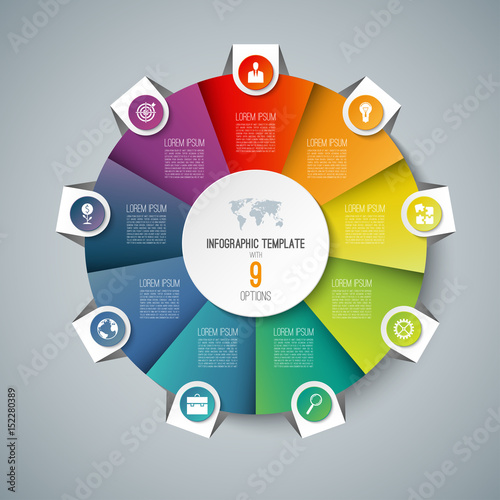 Infographic pie chart circle template with 9 options. Can be used as cycle diagram, graph, web banner, workflow layout