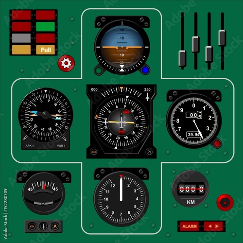 Airplane instrument panel. Aircraft dashboard. Realistic background.