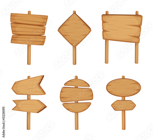 Wooden direction sign isolated on white background. Cartoon vector illustration set