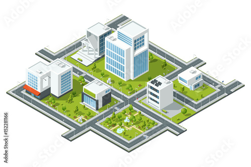 Isometric vector illustration of public constructions. Buildings and trees on 3d map fragment. Cartography picture