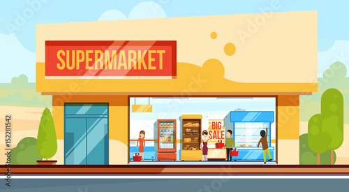 Fototapeta Naklejka Na Ścianę i Meble -  Supermarket in front view with shopping people in checkout line. Seller assistants. Vector illustration in flat style