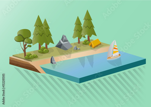 Campsite in forest with yacht ; vector illustration