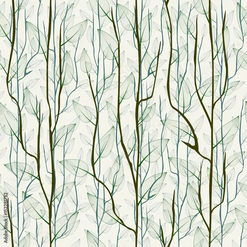 Obraz Thin delicate tree branch with leaves. Seamless fashionable floral background, wallpaper.