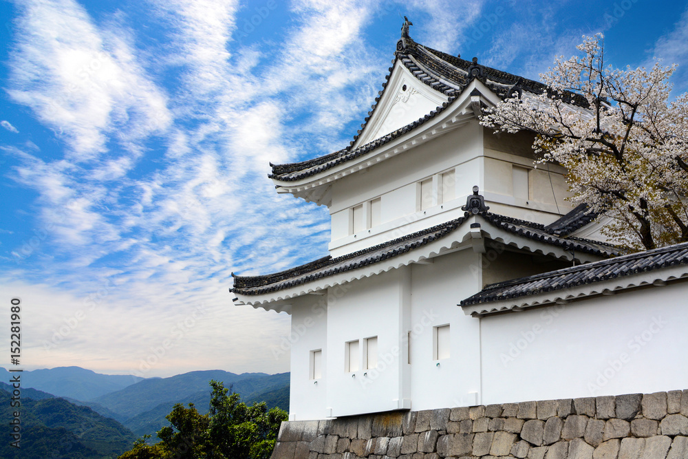 Historic Nijo Castle guard tower against a blue sky and mountains backdrop Historic Nijo Castle guard tower against a blue sky and mountains backdrop