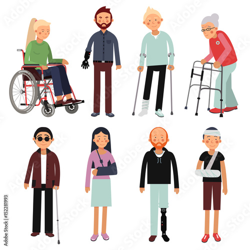 Flat style illustration set of disabled people in different poses. Vector pictures of hospital patients isolated