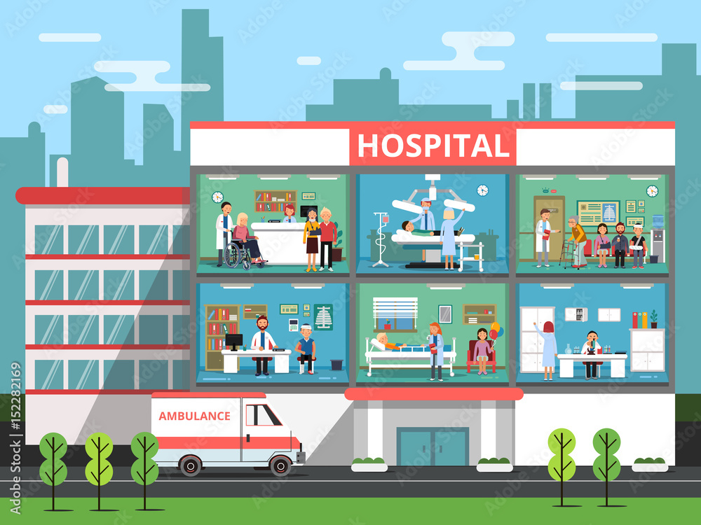 Hospital rooms with medical personnels, doctors and patients. Clinic building vector illustrations