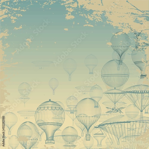 FLIGHT Aeronautics . Vintage hot air balloons floating in the sky. Grunge background. Monochrome in shades of blue.