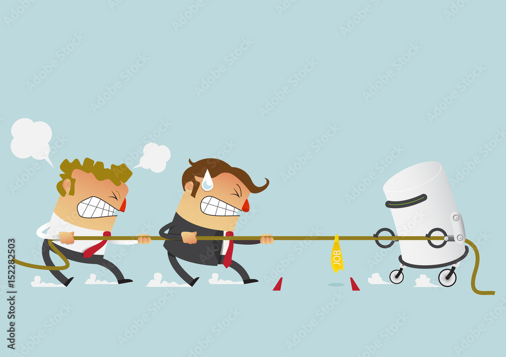 Businessman in career race. Two businessman fighting with robot in the tug  of war competition that could just define their careers. Cartoon character  in flat design. Vector Illustration. Stock Vector | Adobe