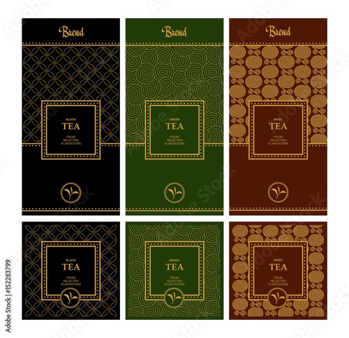 Vector set of design elements and icons in trendy linear style for tea package - mixed, black and green tea.