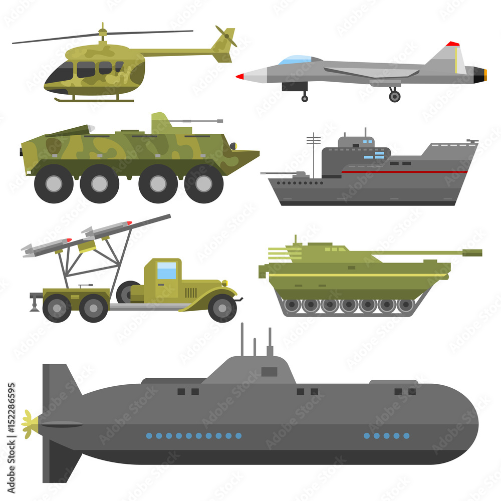 Military technic army war transport fighting industry technic armor defense vector collection